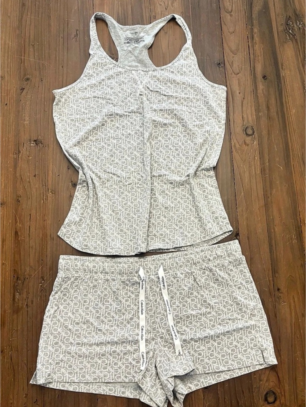 Calvin Klein Sleepwear Monogram Print Pajama Set Tank & Shorts Gray Large